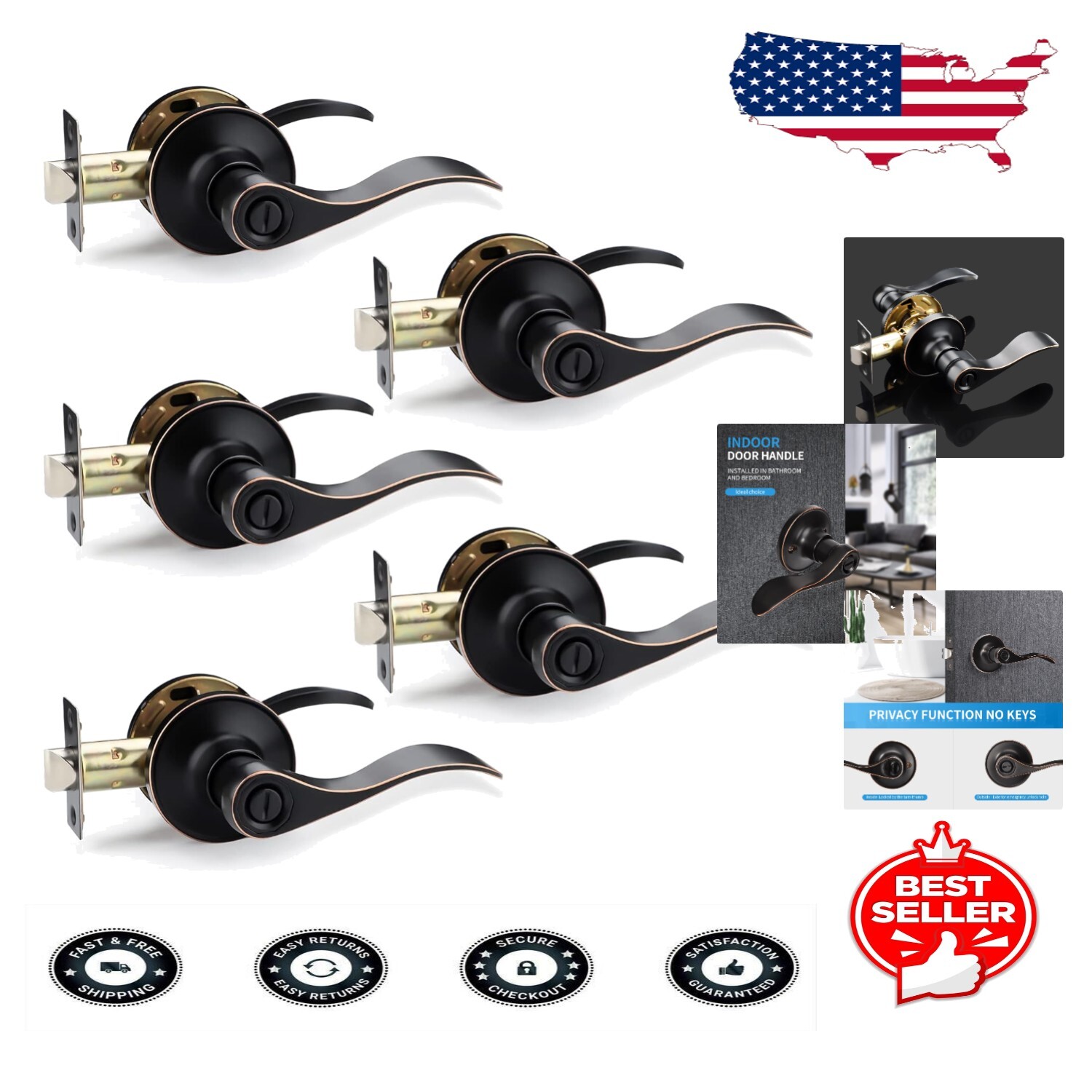 5-Pack Modern Keyless Privacy Door Knobs with Adjustable Latch and Stylish Finish-image