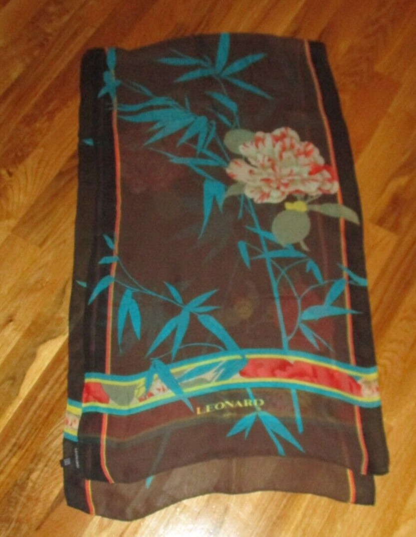 Leonard Paris Brown Turquoise Orange Floral Sheer 100% Silk Oblong Scarf 60"