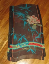 Leonard Paris Brown Turquoise Orange Floral Sheer 100% Silk Oblong Scarf 60"