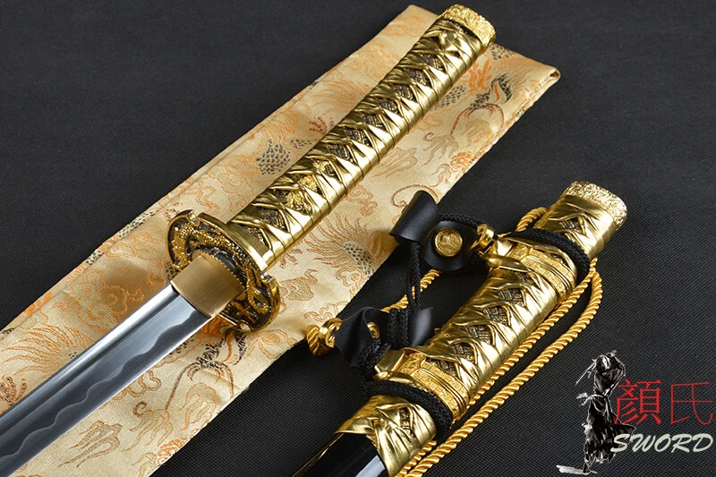 Espada Tachi Dorada Dragón Tsuba Dragón Acero al Carbono Katana Samurai Japonesa Forjada a Mano Foto 4 de 4