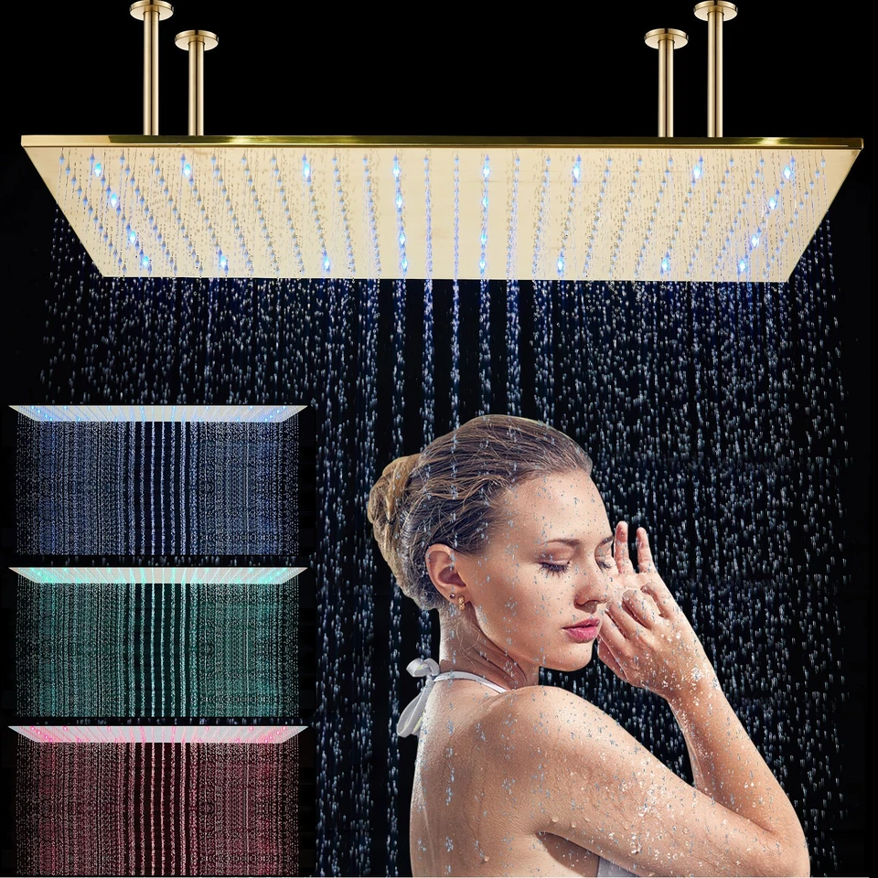 Brushed Gold 16x32" Rain Shower Faucet Set Kit Thermostatic Massage System Combo - Image 4 of 4