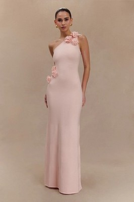 Paloma One Shoulder Knit Maxi Dress With Flowers - Baby Pink