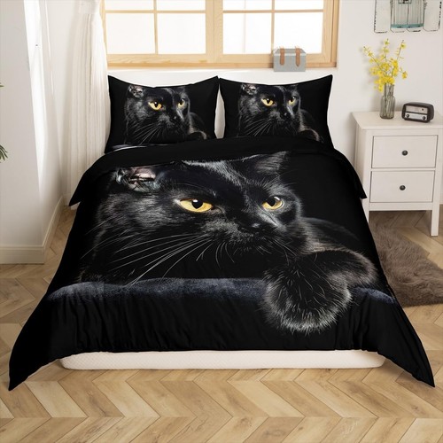 Cat Bedding for Girls Boys Cute Black Cat Pattern Bedspread 3 Piece Black Ani...