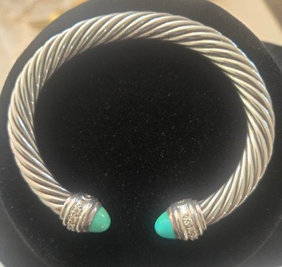David Yurman Sterling Silver Cable Cuff, Turquoise and Diamond