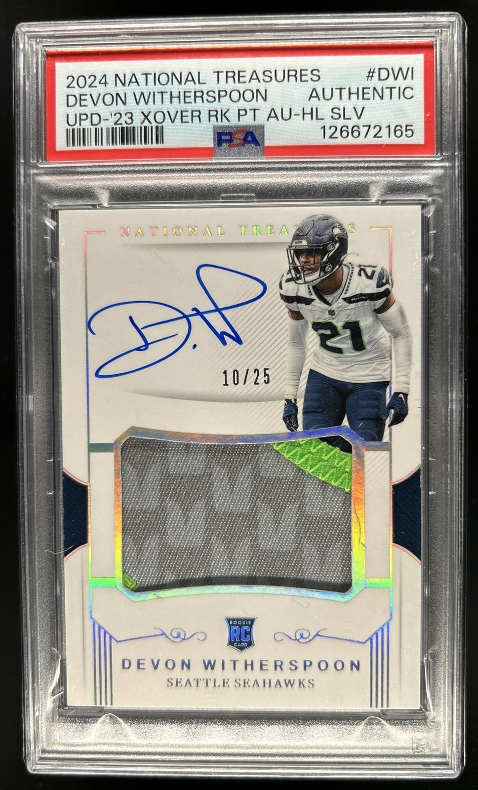 2024 National Treasures Devon Witherspoon Rookie Patch Auto #/25 #4 PSA Auth view 1