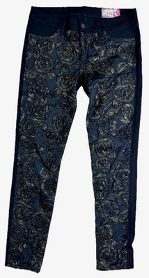 Siwy Appliqué Rose Embellished Metallic Jeans Gold Black Denim Pant 30 Skinny