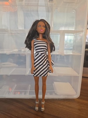BARBIE FASHIONISTAS GLITZ BLACK STRIPE RUFFLE DRESS DOLL  B8
