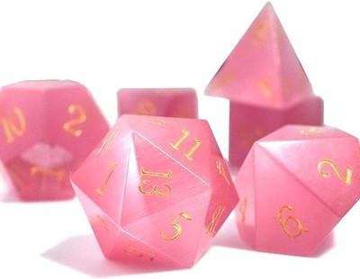 Natural Gemstone DND Dice Set,7 Pcs Pink Cat's Eye Handmade Polyhedral D&D Di...