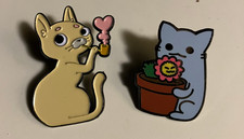 Blue Cat w Flower pot and Corn Cob Pipe Smoking Kitty enamel pins unused lot