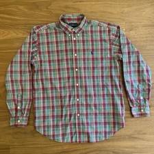Ralph Lauren Boys L 16/18 Plaid Button Down Shirt Red Green Cotton Pony Logo