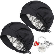 2Pcs Satin Lined Bouffant Scrub Cap with 4 Buttons and Sweatband Adjustable 2
