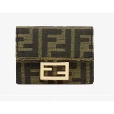 Fendi Baguette Micro Trifold FF Fabric Leather Small Wallet Brown 