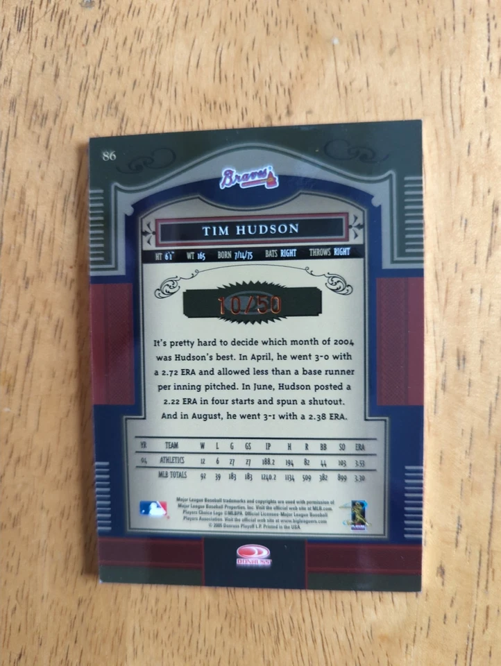 Tarjeta firmada por Tim Hudson 2005 Donruss Timeless Treasures de los Atlanta Braves 10/50 Foto 2 de 2