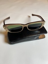 Vintage French Gold Green Sunglasses w/case Cat-Eye Aurora Borealis 1950s-60s
