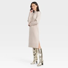 Women's Long Sleeve Midi Sweater Dress - A New Day Taupe L
