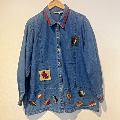 Vintage North Crest Jean Jacket Women Size 3XL Denim Leaf Embroidery