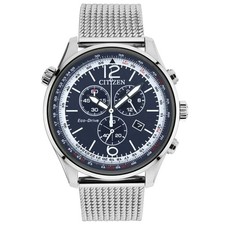 Image of Citizen AT0361-81L Eco-Drive 43mm Blue Dial Chronograph SS Mesh Band Men's Watch