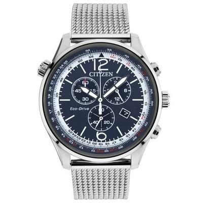 Citizen AT0361-81L Eco-Drive 43mm Blue Dial Chronograph SS Mesh Band Men's Watch