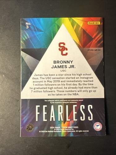 Selecciones del draft Panini Prizm 2024 Fearless RC novato plata Prizm #3 Bronny James Jr - Imagen 4 de 4