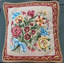 Vintage Wool Needlepoint Floral Bouquet Pillow Throw 15"x15"