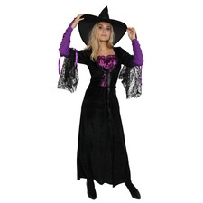 Women's Wicked Witch Costumes Halloween Wizard Cosplay Dress with Hat and Sle...