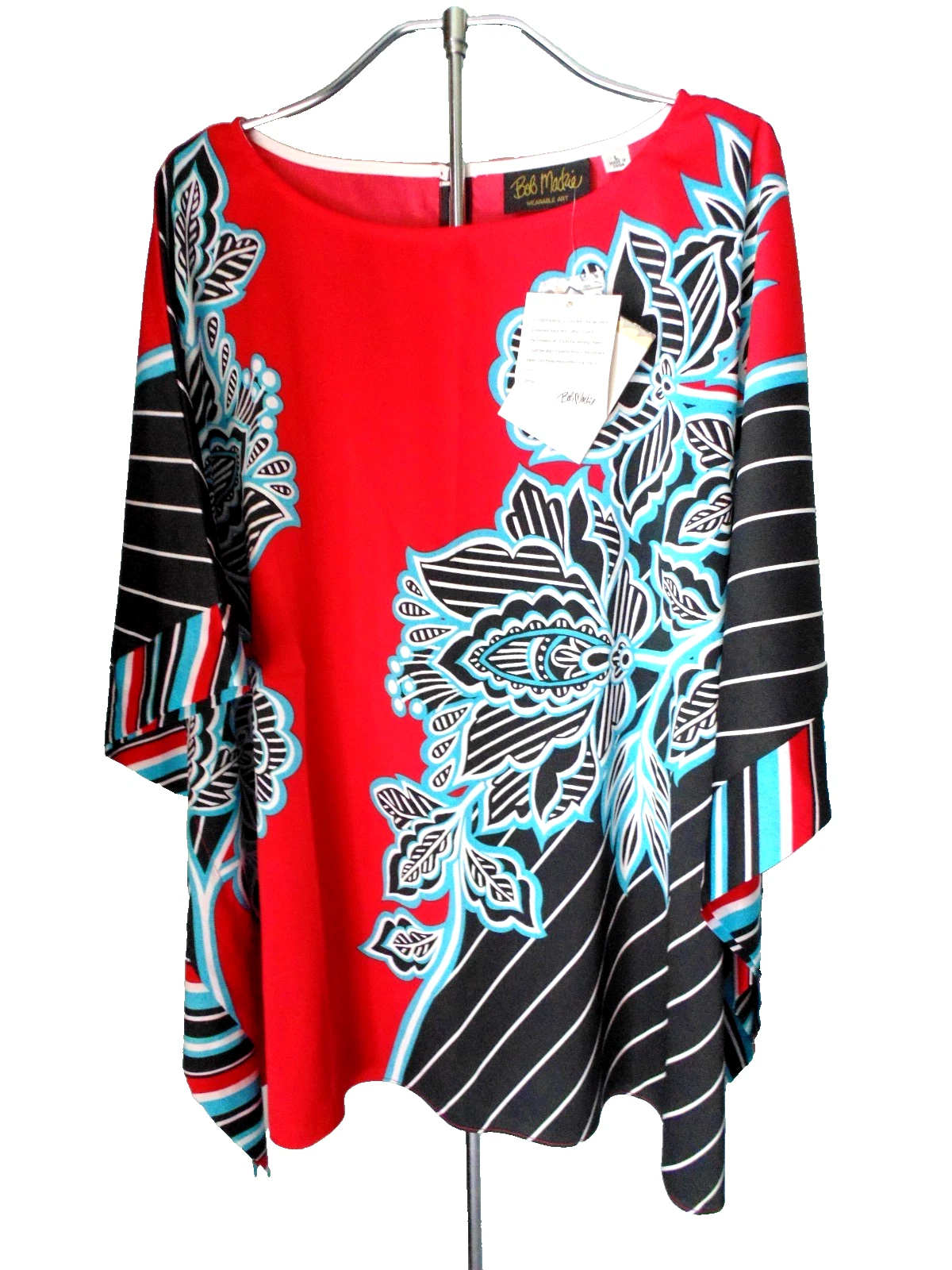 New BOB MACKIE Red Black Floral Poncho Blouse Top Waterfall Tunic Wearable Art L