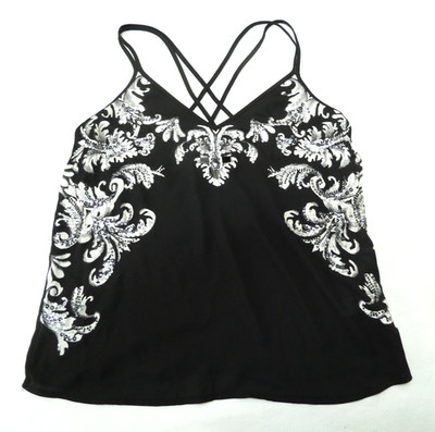 Express Tank Top Black Strappy Beaded White Floral Design SP Small Petite