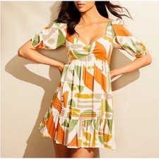 Gianni Bini NWT Tory Linen Orange Green Geometric Print Mini Dress Size 8