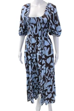 La Ligne Womens Short Sleeve Scoop Neck Floral Silk Dress Blue Brown Size Medium