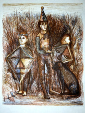 Harlequins with Kites and Dog–Kees Andrea–20th Dutch Artist Signed Lithograph