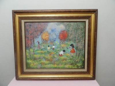 Louis Cardin Impressionist Style Signed Enamel Painting on Copper Girls Flowers