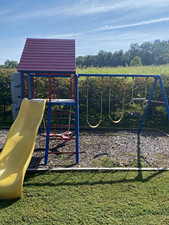 Outdoor Kids Swing Set with Slide, Climbing Wall  Multiple Swings