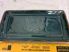 Beautiful Green Vintage Studio Pottery Tray/dish - Face Of A Cat Signed TP