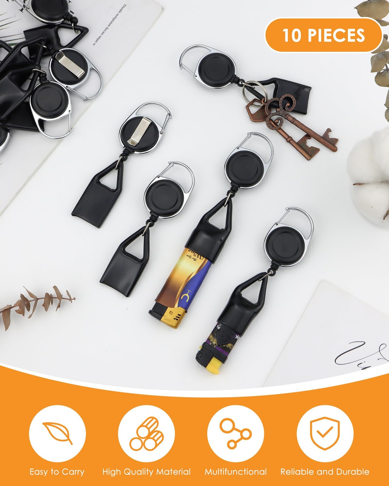 10 Pcs Retractable Lighter Clip Holder, Keychain Lighter Leash with Clip (Black)