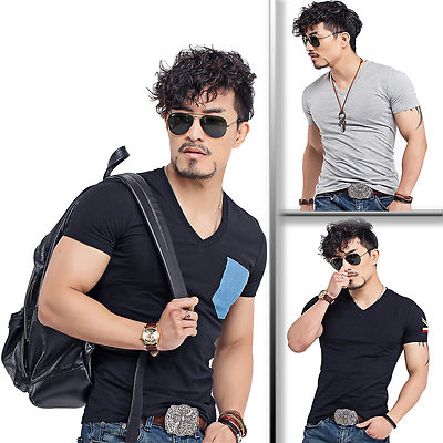 Mens V Neck T Shirts Plain Basic Short Sleeve Cotton Casual Slim Fit S ...
