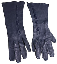 Vintage Size S/M 6.5 Blue Leather Formal 11.5" Long Gloves Stitching Detail