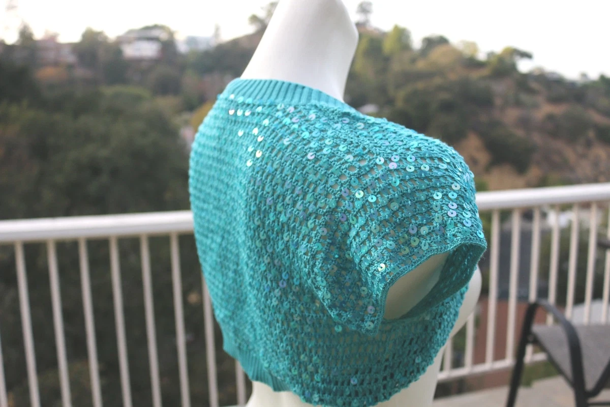 XS BEBE Blue Metallic Short Sleeve Sequin Cropped Knit Bolero