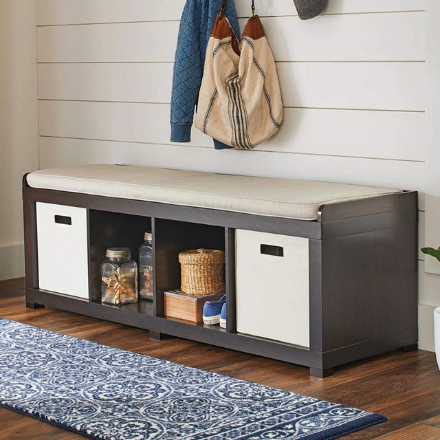 Entryway Hall Storage Bench Cushion 4 Cube Organizer Wood