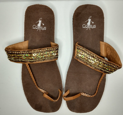 CORKYS Womens Beaded Brown Gold Flip Flop Sandals Size 10 Toe Strap EUC |  eBay