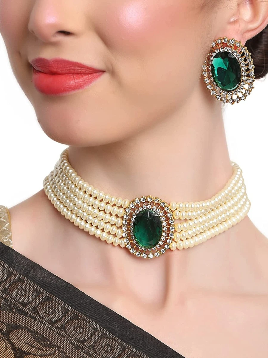 Indian traditional Latest Design Choker Pearl Necklace Green color for Women