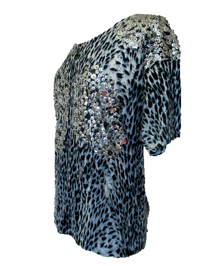 Vintage Lina Lee T-Shirt Top Medium Women Black Gray Animal Print Sequin Design - Image 2 of 4