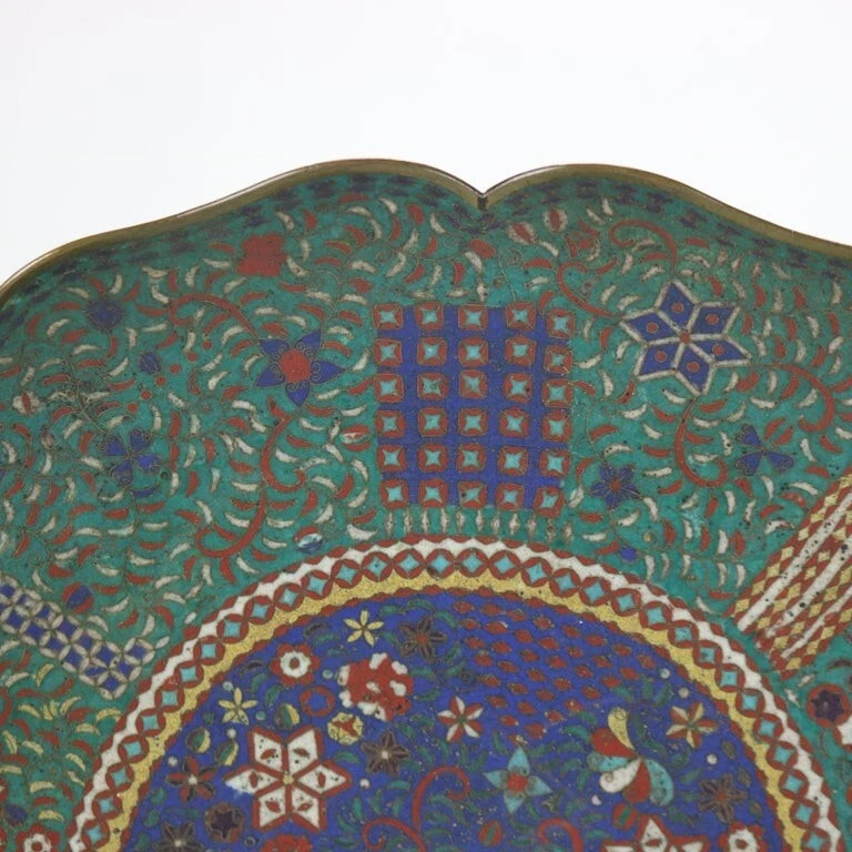 Antique Japanese Cloisonne Scalloped Edge Charger with Geometric Floral Design - Image 3 of 4