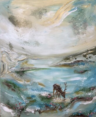 22x18 cm Gemälde Hirsch und Landschaft Acryl Strukturmalerei signiert