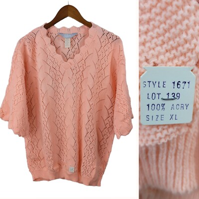 Vintage 80s NEW Blair Size XL Open Knit Crochet Pullover Sweater Pink Dead Stock