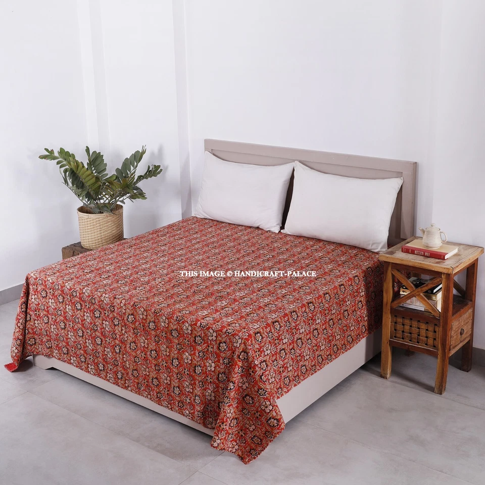 Indische Handblock Floral Kantha Decke, Baumwolle King Size Bettüberwurf - Bild 3 von 4
