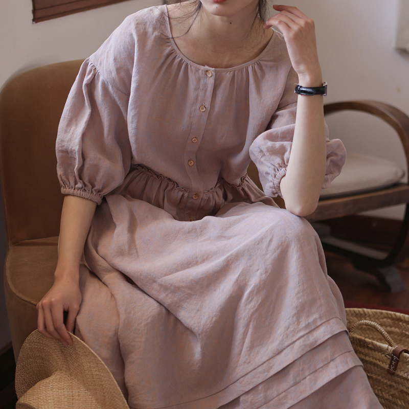 MOYUYUNJIAN Women's Oversized Retro Summer Dress - Loose Fit Cotton Casual Dress With Pockets, 3/4 Sleeves, One Size