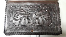 Vintage 1940s Hand Tooled Leather Satchel Bag Handbag Purse Mexican w/ Wallet