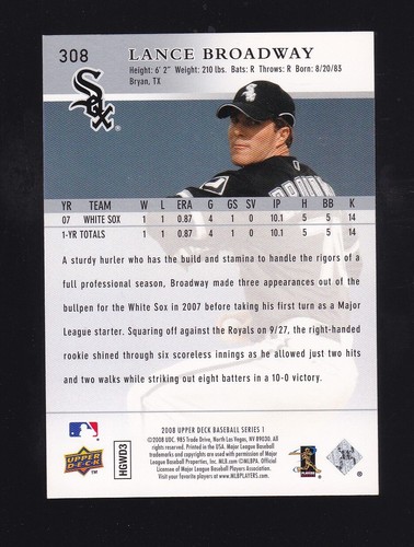 2008 Upper Deck Lance Broadway Rookie #308 Chicago White Sox - Picture 2 of 2