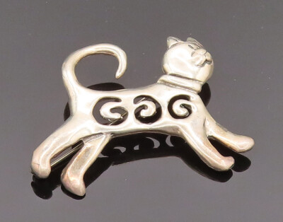 925 Sterling Silver Vintage Open Spirals Kitty Cat Brooch Pin