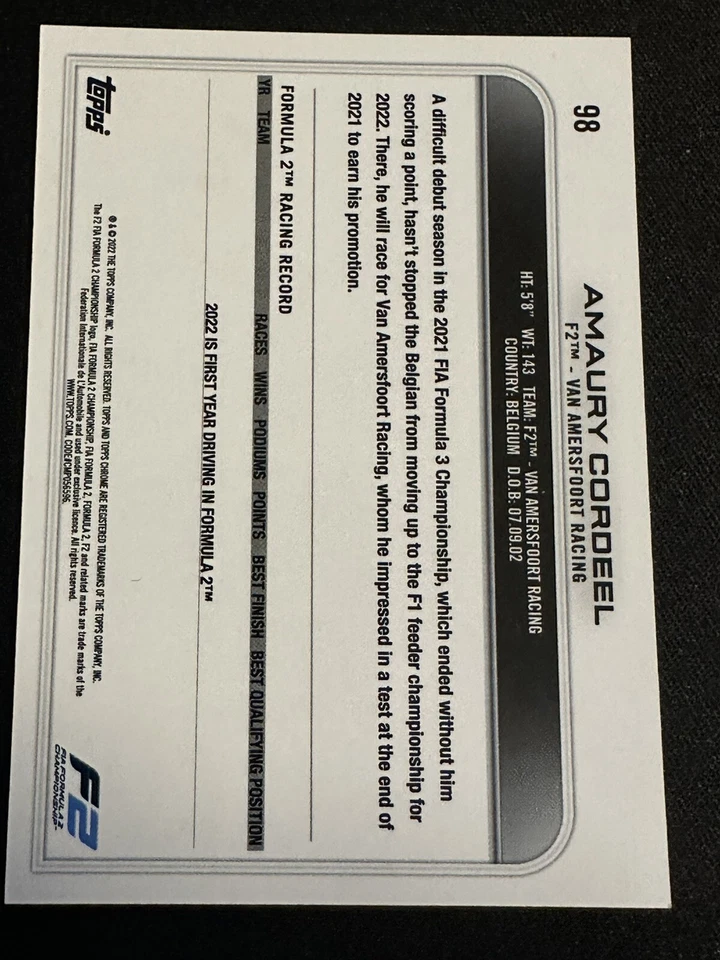 2022 Topps Chrome Formula 1 Racing Base F2 Future Stars #98 Amaury Cordeel - Image 2 of 2